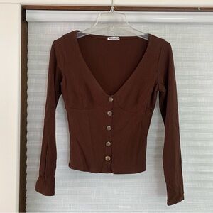 Reformation Brown Ribbed Long Sleeve Button Up Top